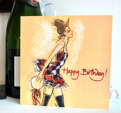 HAPPY BIRTHDAY CARD;HARLEQUIN ;FASHION ART;SQUARE; BLANK; CHIC; DANCER;QUIRKY - Image 1 of 4