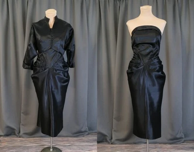 Vintage 1940s Black Satin Strapless Dress with Jacket, Draped Rayon, 36 bust - Image 1 of 4