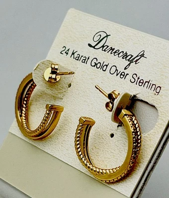 DaneCraft 24KT Gold Over 925 Sterling Silver 10 CZ Double Hoop Pierced Earrings - Image 1 of 4