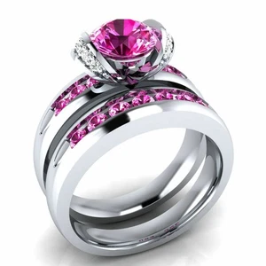 2.63ct 14K White Gold Pink Round Lab Created Diamond Engagement Bridal Ring Set - Picture 1 of 5