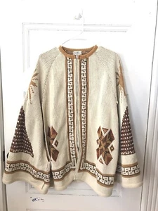 70s Poncho Zip Front Knit Cape OS Tribal Ethnic Aztec Warrior Ivory Brown - Picture 1 of 6
