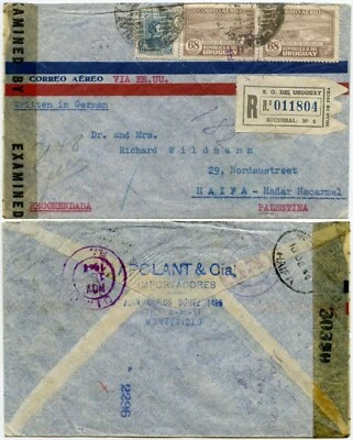 URUGUAI para PALESTINA 1944 WW2 CENSURADO REGISTRADO PAN AM CHINA CLIPPER CORREIO AÉREO - Imagem 1 de 2