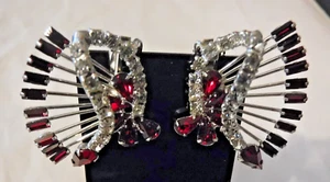 Vintage Art Deco Clear Pave & Red Rhinestone Clip On Earrings Silver Tone RARE! - Picture 1 of 7