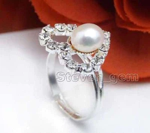 Moda 15mm Corazón con Aperla Blanca Natural Aperla Ajustable #8-#9 Anillo-rin20 - Imagen 1 de 8