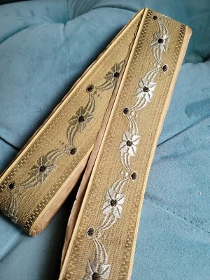 Vintage Gold & Silver Ribbon Trim w Flowers 1 & 5/8" Wide Unused 4+ Yards  - Image 1 of 4