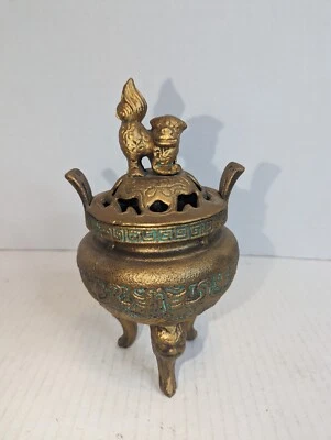 Quemador de incienso chino vintage de latón Lucky Foo Dog gran pátina Foto 1 de 4