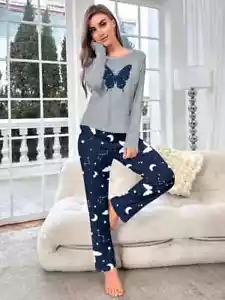 Long Sleeve Long Pants Butterfly Starry Sky Print Pajama Set S-XL - Picture 1 of 4