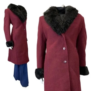 VINTAGE 60s 70s MAROON PURPLE BLACK FAUX FUR MOD MID-LENGTH WOOL COAT 14 16 - Picture 1 of 6