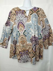 Chicos Women's Fancy Filigree Keyhole Neck Top 3/4 Slv Pattern Multicolor Size 2 - Picture 1 of 8