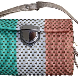 Turquoise White Pink Gold Tri-Color Clutch Purse Bag Woven Plastic Shoulder - Picture 1 of 6