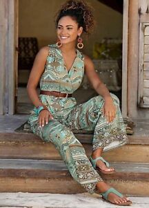 Lascana Green Print Jumpsuit Viscose Jersey  Size 12 V-Neck Summer Jumpsuit 615