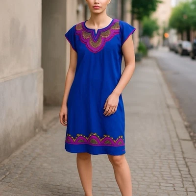 Vestido Huipil Mexicano Floral Artesanal Azul Algodão Bordado Tamanho M - Imagem 1 de 4