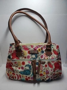 Lily Bloom Furry Friends Cat Print Shoulder Bag Flowers Leaves, Green 7 Pockets - Picture 1 of 12