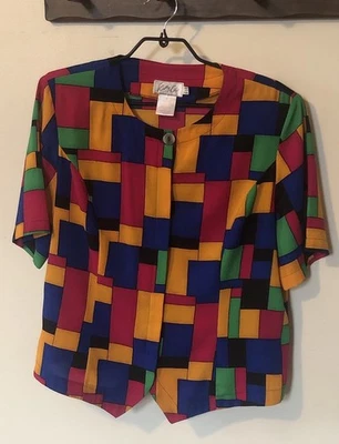 Blusa De Colección Kathy Che Talla 16 Ligera Sedosa Manga Corta Colorida Audaz Cuadrados Foto 1 de 4