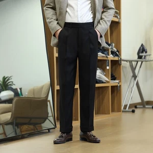 Men's Gurkha Pants Adjustable Waist Trousers Slim Straight Suit Pants Black - Picture 1 of 10