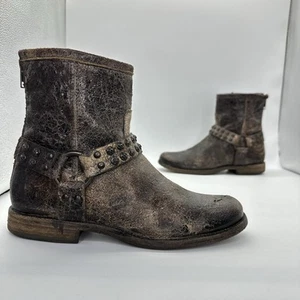Frye-Phillip Studded Harness Distressed Leather Moto Boots Women 8 B 76492 - Picture 1 of 11
