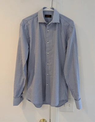 Camisa de vestir Steven Land puño francés azul y blanco a cuadros para hombre 15,5 34/35 usada en excelente estado Foto 1 de 4