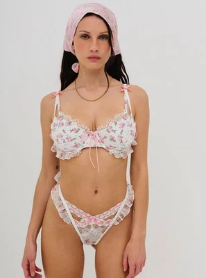 For Love & Lemons Robin Bra & Thong Set Floral Bows Lace Ruffles Size 36B/L New - Image 1 of 4