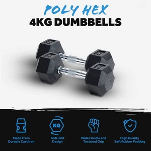 4KG Hex Dumbbells Pairs Rubber Encased Cast Iron Gym Dumbbell Hand Weights Set - Picture 1 of 7