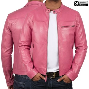 Herren Rosa Biker Motorrad Cafe Racer Jacke aus echtem Lammfell Leder - Bild 1 von 11