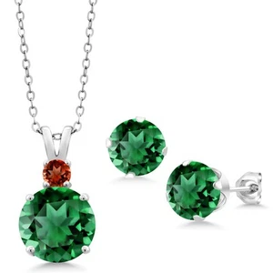 925 Sterling Silver Nano Emerald and Garnet Pendant and Earrings Jewelry Set - Picture 1 of 3