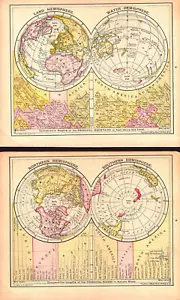 2 items LAND, WATER, NORTHERN, SOUTHERN HEMISPHERES Antique original maps 1900 - Picture 1 of 3