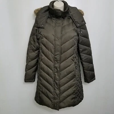 Kenneth Cole Reaction Womens Puffer Down Jacket Small Green Faux Fur Hooded Foto 1 de 4