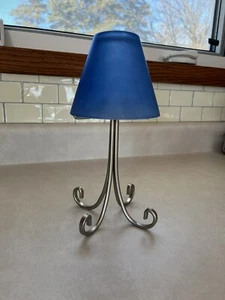 Metal Base SKY BLUE FROSTED GLASS SHADE CANDLEHOLDER Candle 10 Inch x 5 Inch Pic - Picture 1 of 5