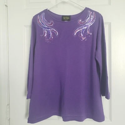 Bob Mackie Wearable Art Pullover Sweater Size M Sequins Purple Cottagecore Artsy - Image 1 of 4
