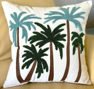 18x18 Embroidered Tufted Tropical Mediterranean Palm Trees Throw Pillow Cover - Picture 1 of 7