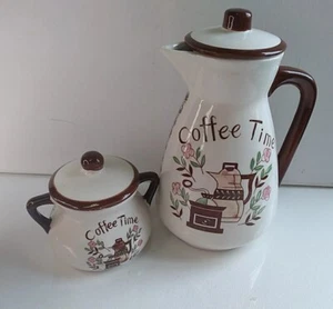 Vintage Mid Century Coffee Time Pitcher Sugar Jar Lid Coffee Grinder Spongeware - Picture 1 of 15