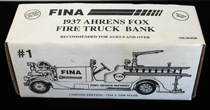 FINA 1937 Ahrens Fox Fire Truck Bank w/Key Die-Cast Gold/Blk, 1:30, Limited 1992 - Picture 1 of 15