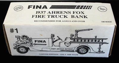 FINA 1937 Ahrens Fox Fire Truck Bank w/Key Die-Cast Gold/Blk, 1:30, Limited 1992 - Изображение 1 из 4