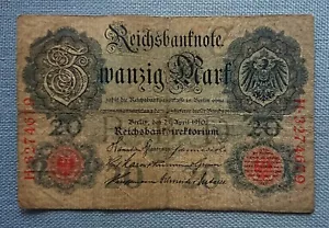 Billete antiguo Reichsbank billete veinte 20 marcos Berlín 21 de abril de 1910 H3274679 - Imagen 1 de 2