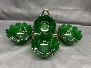 Set of 4 ~ Fire King "LOTUS LEAF" Forest Green Glass Dessert Bowls ~ 4 1/2" - Picture 1 of 5