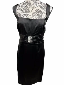 CALVIN KLEIN  Women's Size 12 Black Satin Sheath Stretch Pencil Dress Rhinestone - Picture 1 of 12