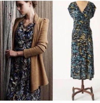 Moulinette Soeurs Anthropologie Botanica Dusk Dress XS Ruched Midi Stretch Knit - Image 1 of 4