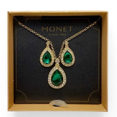 Monet Green Crystal Rhinestone Teardrop Pendant & Drop Earrings Set NEW - Image 1 of 4