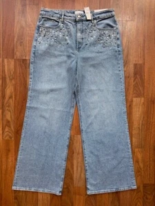 LOFT Wide Leg High Rise Curvy Light Wash Jeans Sz 31 / 12 Rhinestone Embellished - Picture 1 of 16