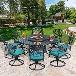 9-Pcs Outdoor Dining Furniture Set w/ Swivel Chairs, Patio Table & Lazy Susan - Picture 1 of 32
