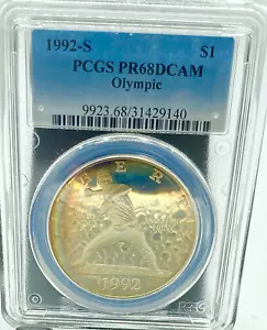 BEAUTIFUL 1992-S Olympics "Ryan" Silver $ PCGS PR68 EXCEPTIONAL ORIGINALTONING - Picture 1 of 6
