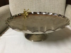 Gehämmert Silber Metall Standschale/Kuchenständer mit goldenen Blättern & Blume - Bild 1 von 18