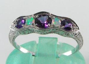 CLASS 9CT 9K WHITE GOLD AMETHYST & OPAL ETERNITY ART DECO INS RING FREE RESIZE