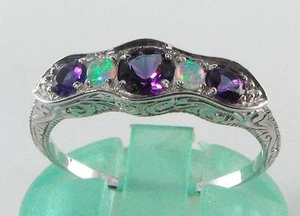 CLASS 9CT 9K WHITE GOLD AMETHYST & OPAL ETERNITY ART DECO INS RING FREE RESIZE - Picture 1 of 5