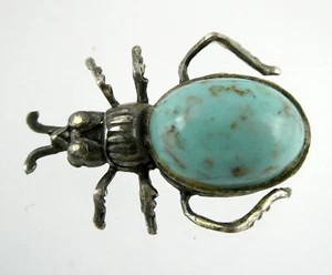 Vintage Unmarked Sterling Silver Blue Glass Cabochon Beetle Pin Brooch AS IS - Picture 1 of 12