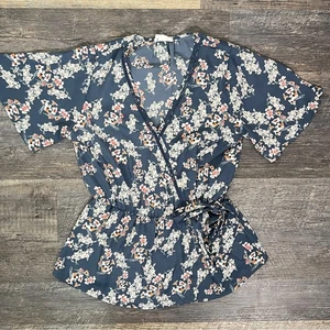 Sienna himmelblau geblümt Wickel Stil Bluse Top Shirt Gr. Small S B173 - Bild 1 von 3