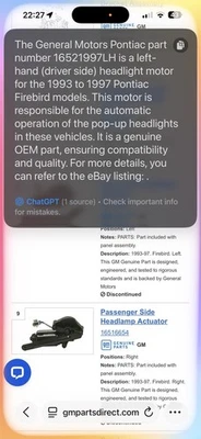 Conjunto de motor de faros Pontiac Firebird 1993 a 1997 Foto 1 de 4