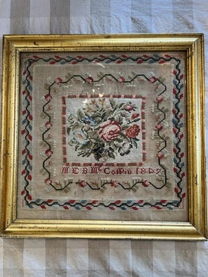 Antique Sampler Needlework 18” By 18” Original 1847 Lemon Gold Gilt Frame - Image 1 of 4