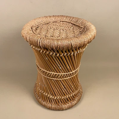 Vintage Bamboo Plant Stand Planter Rattan Woven Round Boho Display Wooden Table - Image 1 of 4
