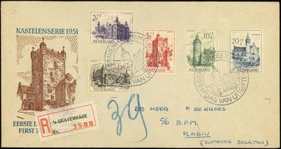 Netherlands B224-B228 Castles FDC Registered Cover Princenhage to Pladju Sumatra - Image 1 of 2